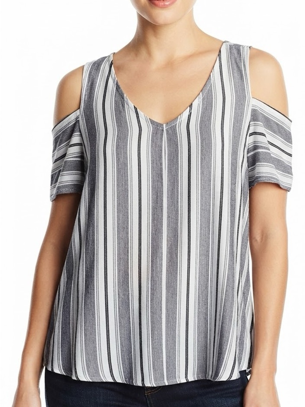 Maurice’s 24/7 Striped Cold-Shoulder V-Neck Top in White and Gray Size 2 (20-22)